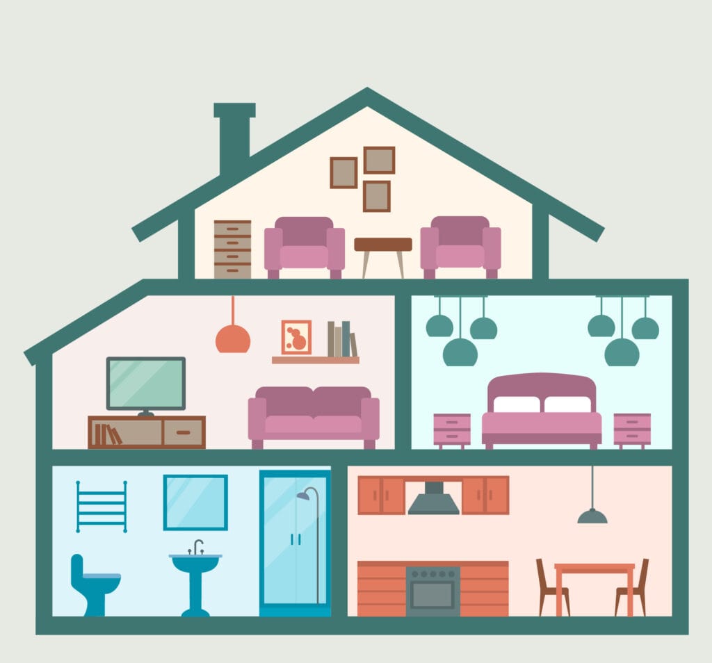Illustratie van een woning met meubels en persoonlijke spullen die onder de inboedelverzekering vallen